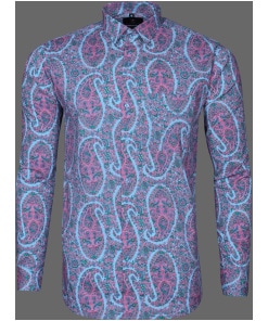 Blue Pink Floral Printed Cotton Shirt for Men