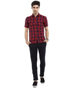 Men's Twill Spread Collar Casual Checkered Shirt