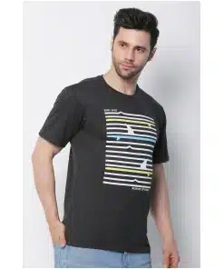 Stylish Round Neck Charcoal Melange Cotton Jersey Printed Tee for Men