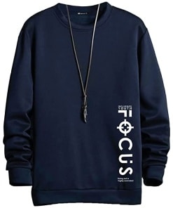 Men's Printed Round Neck Full Sleeve Navy and White Cotton Slim Fit T-Shirt