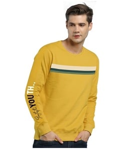 Men's Printed Round Neck Full Sleeve T-Shirt (Yellow, Black, Blue)