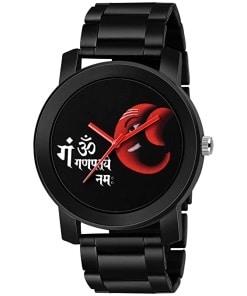 Men's Metal Strap Lord Ganpati Watch with Black Dial