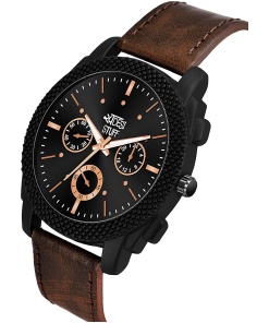 Stylish Analog Men's Watch with Black Dial and Brown Leather Strap