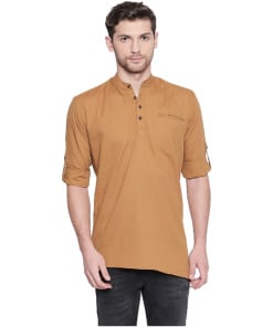 Brown Men's Cotton Casual Short Cross Kurta Shirt