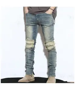 Men's Washed Moto Jeans with Ripped Knee Detail