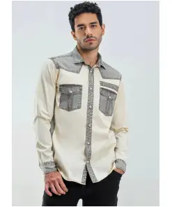 Beige Regular Fit Men's Denim Cotton Shirt