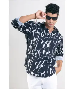 Black and White Regular Fit Printed Men's Cotton Shirt