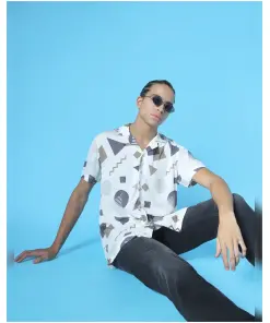 Beige Geometric Print Short Sleeves Shirt