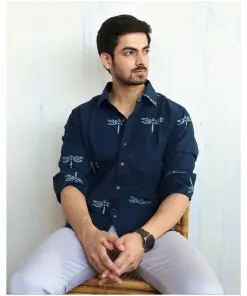 Navy Blue Dragonfly Block-printed Men's Shirt