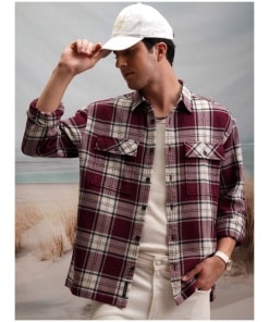 Men Maroon Checked Oversized Fit Flannel Overshirt