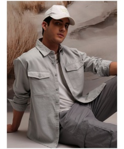 Men Grey Solid Regular Fit Flannel Overshirt