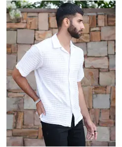 White Oversized Checks Popcorn Texture Half Sleeves Shirt