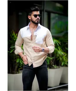 Camel White Designer Cotton Full Sleeve Shirt
