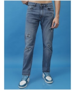 Men Light Blue Straight Fit Highly Distressed Stretchable Jeans