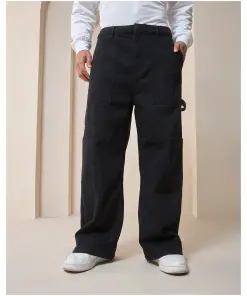 Men's Black Baggy Straight Fit Carpenter Jeans