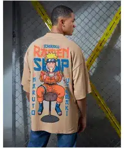 Men's Brown Ramen Lover Graphic Print Oversized T-shirt