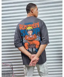 Men's Grey Ramen Lover Graphic Print Oversized T-shirt