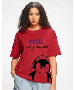 Women's Red Music escape Graphic Printed Oversized T-shirt
