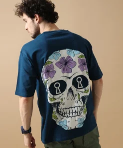 Comfortable Navy Oversized Skull Printed T-Shirt