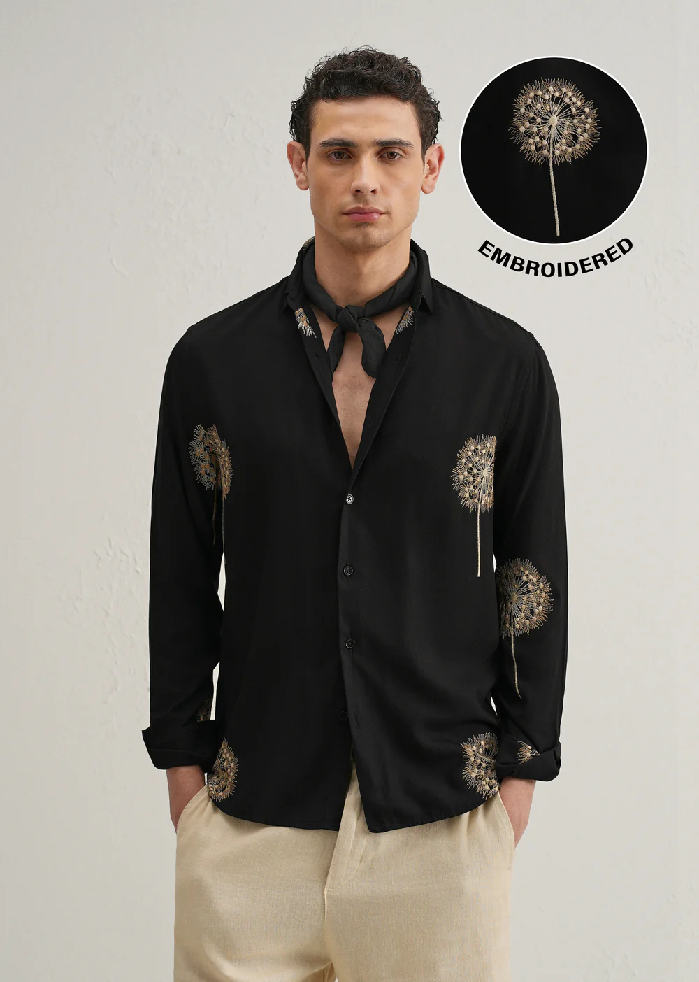 Black Embroidered Shirt with Dandelion Design for Men