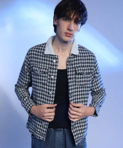 Fashionable Fleece Houndstooth Denim Jacket for All Seasons