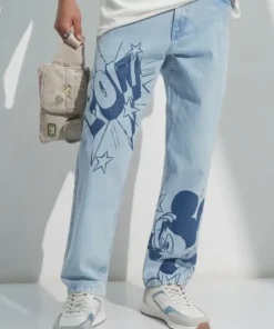 Blue Cartoon Print Straight Fit Stretchable Denim