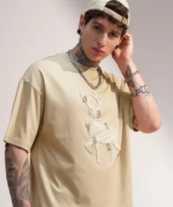 Beige Embroidered Round Neck Oversized Fit T-Shirt