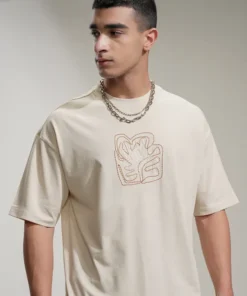 Cream Embroidered Round Neck Oversized Fit T-Shirt