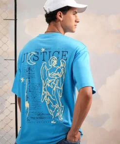 Men Turquoise Printed Round Neck Oversized Fit T-Shirt