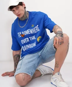 Blue Printed Round Neck Oversized Fit T-Shirt