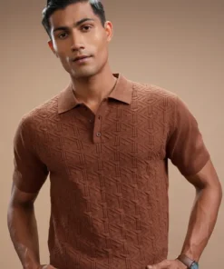 Men Brown Self Design Polo Collar T-Shirt