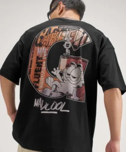 Black Garfield Printed Round Neck Oversized Fit T-Shirt