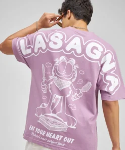 Lavender Garfield Printed Round Neck Oversized Fit T-Shirt
