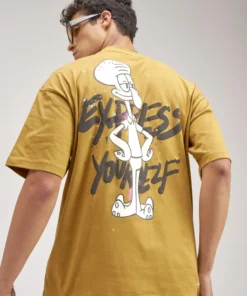 Mustard Spongebob Squarepants Printed Round Neck Oversized Fit T-Shirt