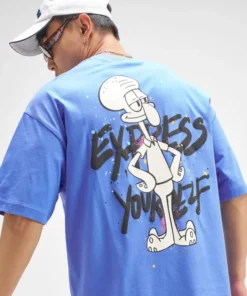 Blue Oversized Round Neck T-Shirt with Spongebob Design