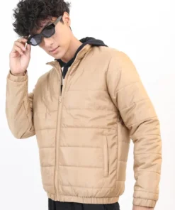 Casual Men Brown Puffer Jacket with Solid Finish, Perfect for Layering and Daily Wear