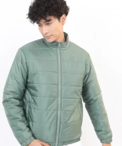 Men Green Solid Puffer Jacket with Side Pockets and Relaxed Fit for Everyday Use