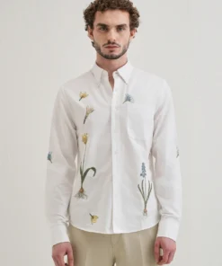 Trendy Snow White Floral Embroidery Shirt for Men