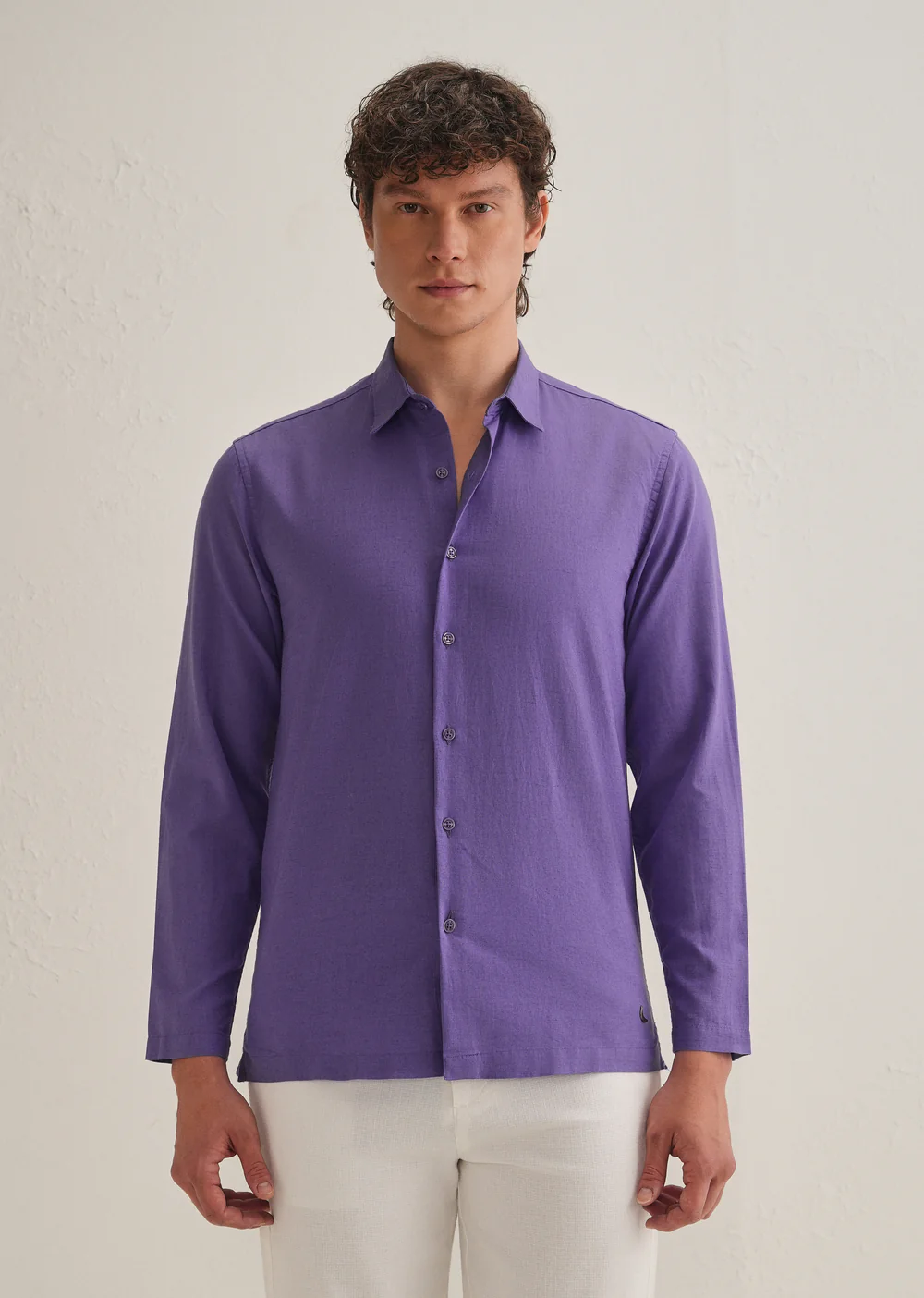 VioletHiddenSleevePlacketCottonLinenShirt