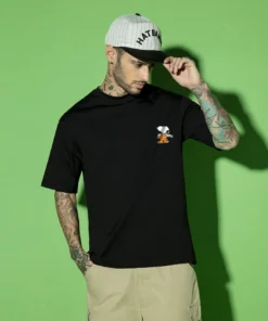 Men's Black Need Space Snoopy Graphic Printed Oversized T-shirt