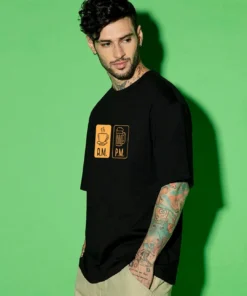 Men's Jet Black AM PM Graphic Printed Oversized T-shirt