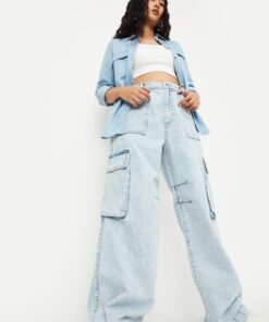 Soft Comfortable Women Washed Cargo Jeans for Long Wear Comfort