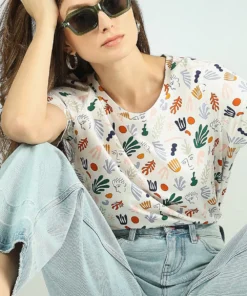 White Casual Printed Cotton T-Shirt