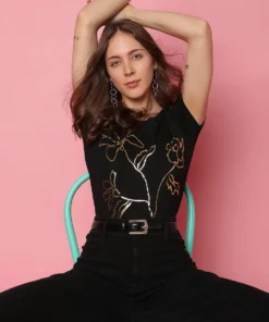 Black Statement Foil Print Round Neck Tee