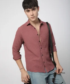 Men’s Trendy Vintage Maroon Tiny Box Checks Embossed Shirt