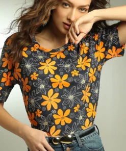 Dark Blue Casual Floral Round Neck T-Shirt