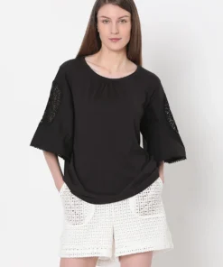 Black Elegant Lace Embellished T-Shirt