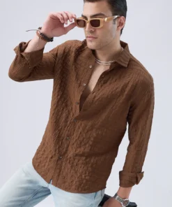 Men’s Trendy Brown Textured Crinkled Horizontal Stripes Shirt