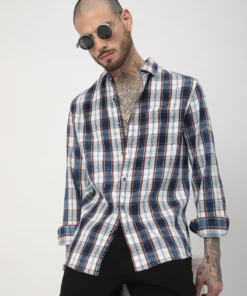 Men’s Grey and Red Tartan Flannel Shirt with Double Pockets