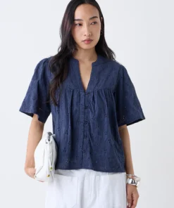 Navy Schiffli Embroidered Cotton Blend Top Comfortable & Stylish